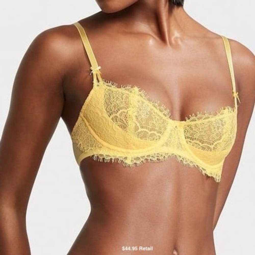 VICTORIA'S SECRET Dream Angels Lace Unlined Balcony Bra 34C Yellow Push-Up Sexy